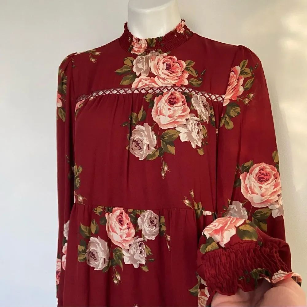 Romantic Rose Print Mock Neck Long Sleeve Ruffle Cuff Dress
